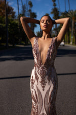 A&N Luxe Maurita Gown - Rose Gold Sequins V Plunge Neckline Prom Gown 