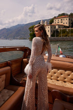 Costa Beaded Jumpsuit with Feather Cuffs