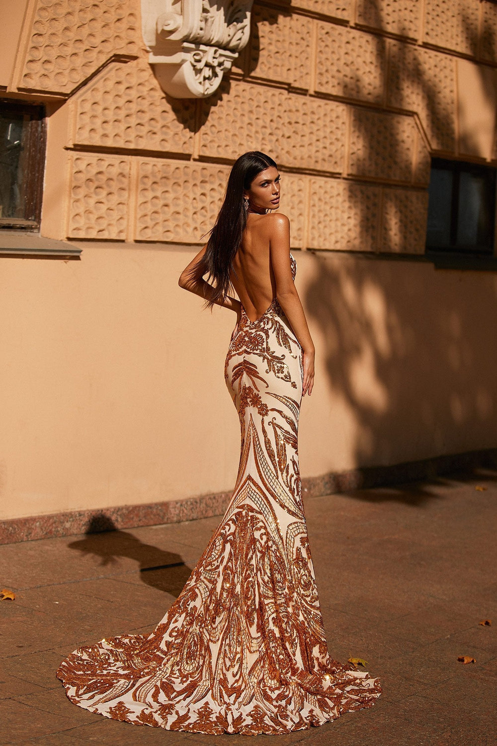 Ariya - Gold Sequin Backless Mermaid Gown with Plunge Neck & Train