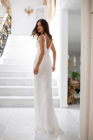 Nia - White Lace Gown with side Slit & V Neckline