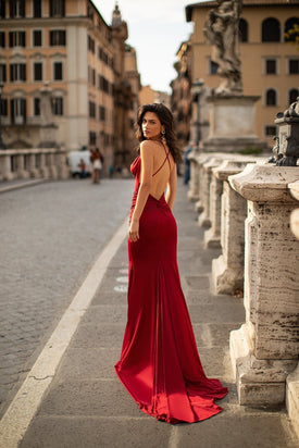 Maya - Wine Red Cowl Neck Gown with Low Back, Knot Detail & Side Slit