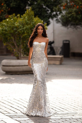 Malisa - Silver Strapless Sequin Gown with Sweetheart Neckline & Train