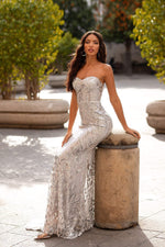 Malisa - Silver Strapless Sequin Gown with Sweetheart Neckline & Train