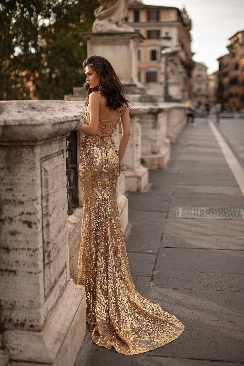 Sonia - Gold Sequin Mermaid Gown with Straight Neckline & Lace-Up Back