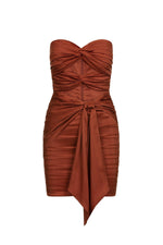 Lulia Dress - Strapless Rust Satin Mini Dress with Ruching & Cut-Outs