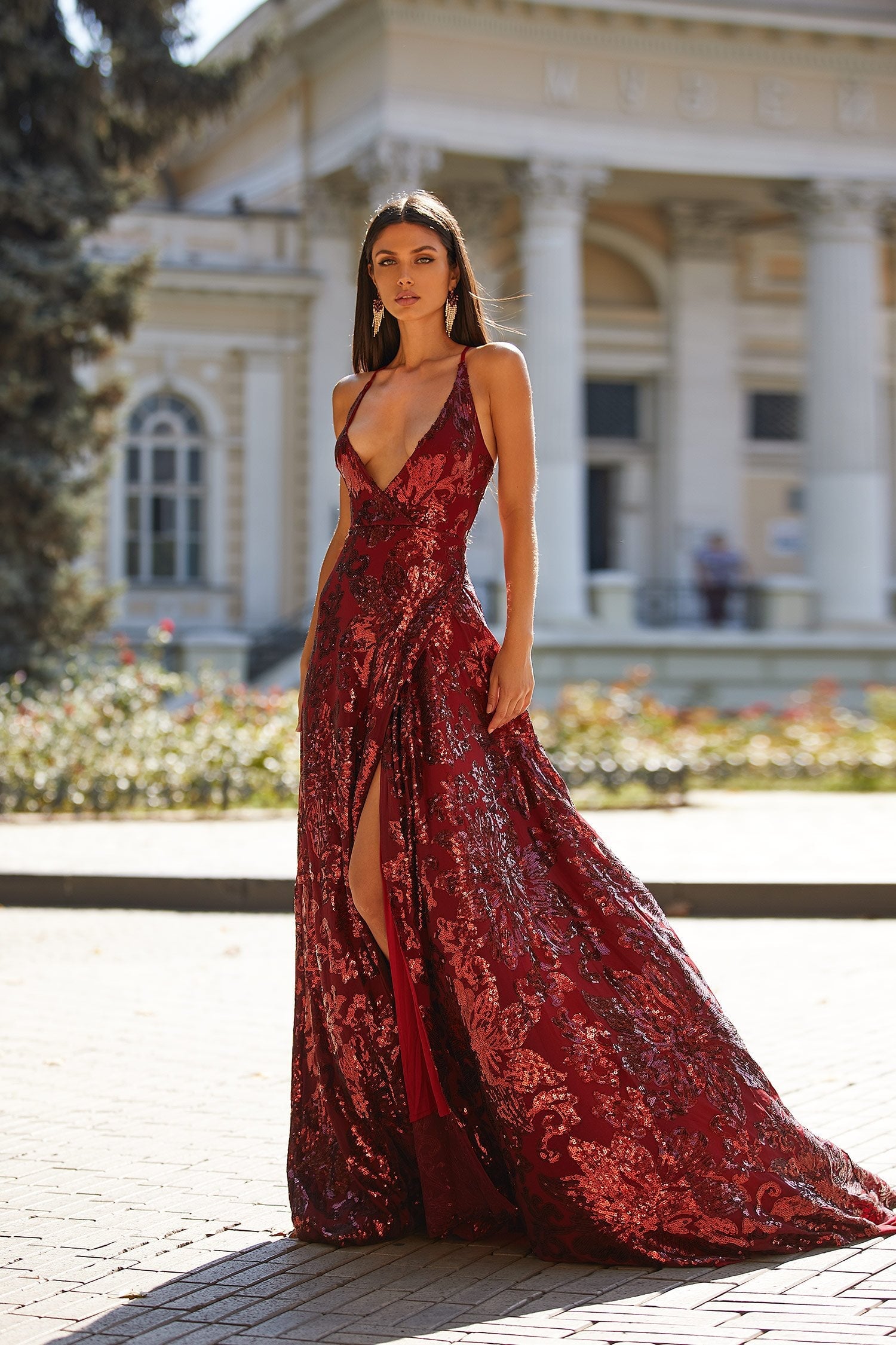 red sparkly prom dress Sequin Long Sleeve Boat Neck Gown designed for elegance and drama Red Sparkly Deep V Open