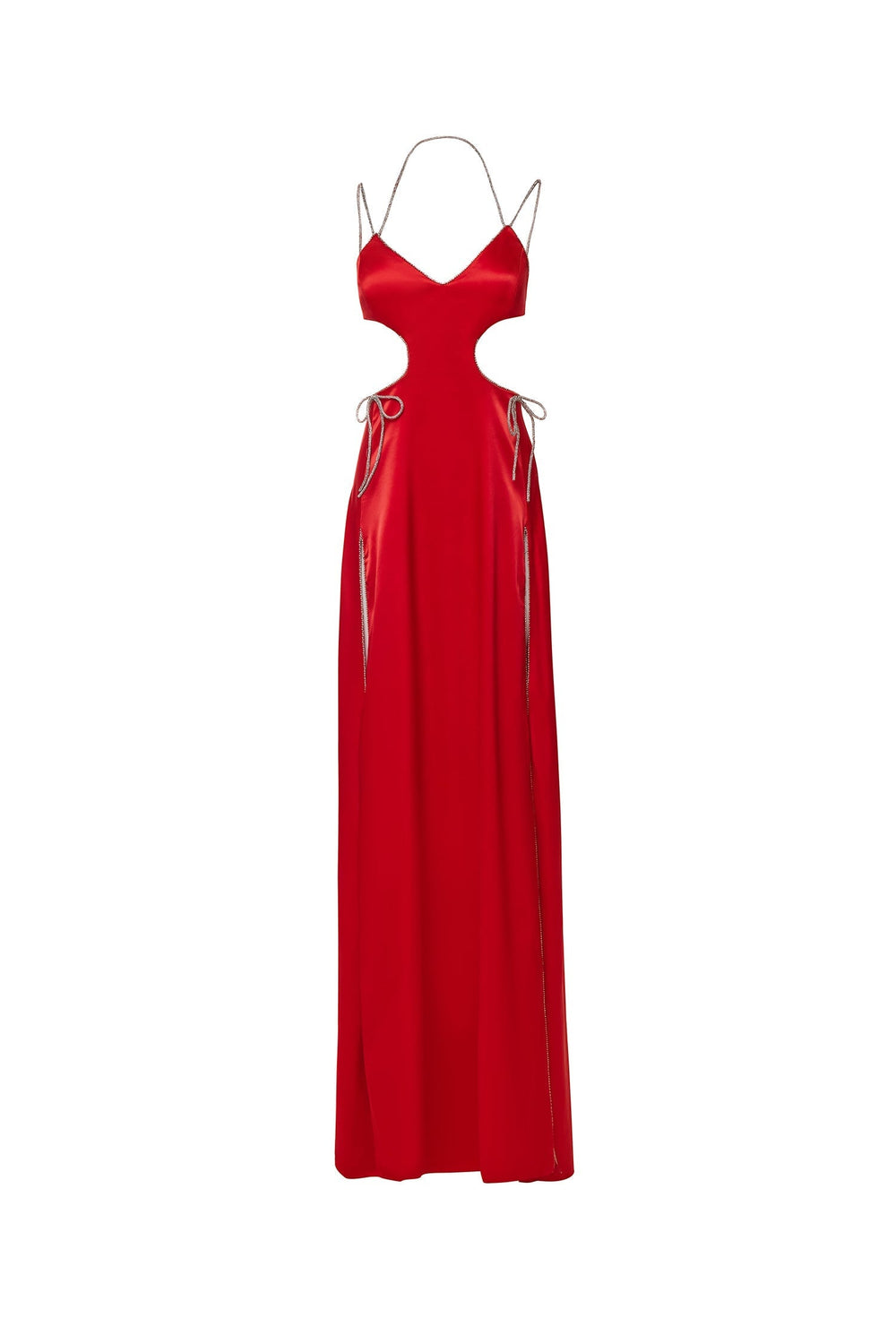 Melinda - Red Satin Gown with Diamante Straps and Bow Ties