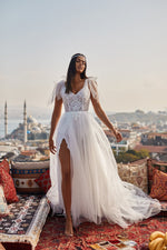 Ceyda Gown - Tulle Bridal Gown with Bow Sleeves & Two Side Slits