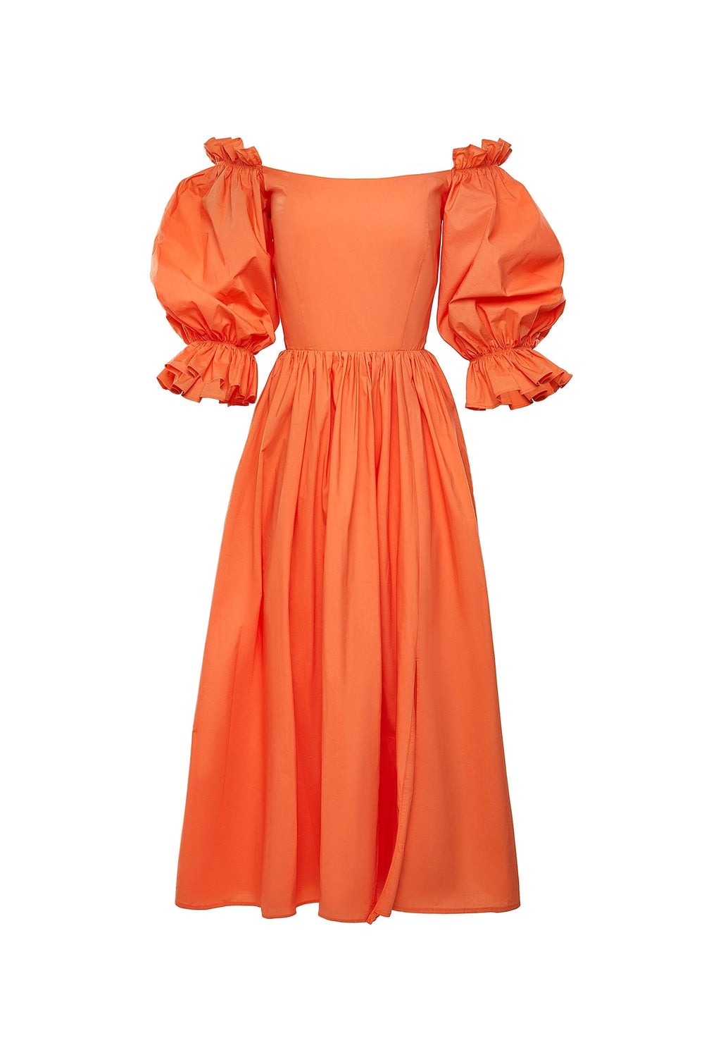 Adara Orange Poplin Off-Shoulder Midi Dress with Side Slit