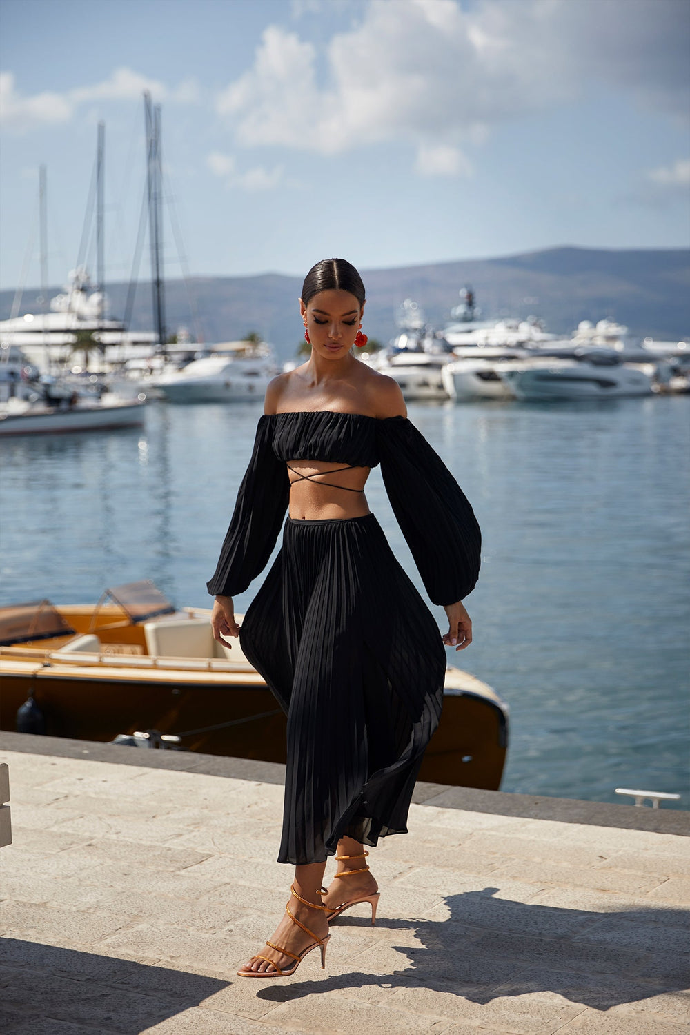Angelina Two Piece Black Pleated Set with Waist Ties and Side Slit