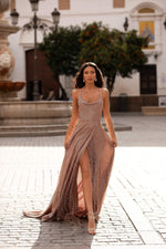 Prisilla - Rose Gold A-Line Sequin Gown with Cowl Neck & Side Slit
