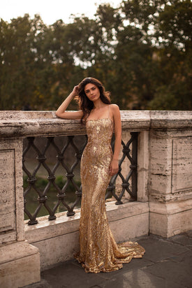 Sonia - Gold Sequin Mermaid Gown with Straight Neckline & Lace-Up Back