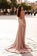 Prisilla - Rose Gold A-Line Sequin Gown with Cowl Neck & Side Slit