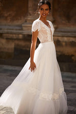 A&N Odila - White Lace Boho Bridal Short Sleeve Gown with Lace-Up Back