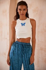 Lais Tank - White Ribbed Cut-Off Cropped Tank with Teal Butterfly Print