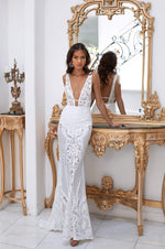 Elyse - White Patterned Sequins Gown with Plunge Neck & Open Back