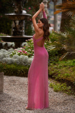 Shanna - Pink Diamante Gown with Open Plunge Neckline, Side Slit & Single Sleeve