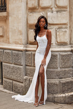 Zerlina - White Patterned Sequin Gown with Side Slit & Lace Up Back Alamour the Label