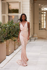 Rosalin - Rose Gold Sequin Backless Mermaid Gown with Cowl Neck