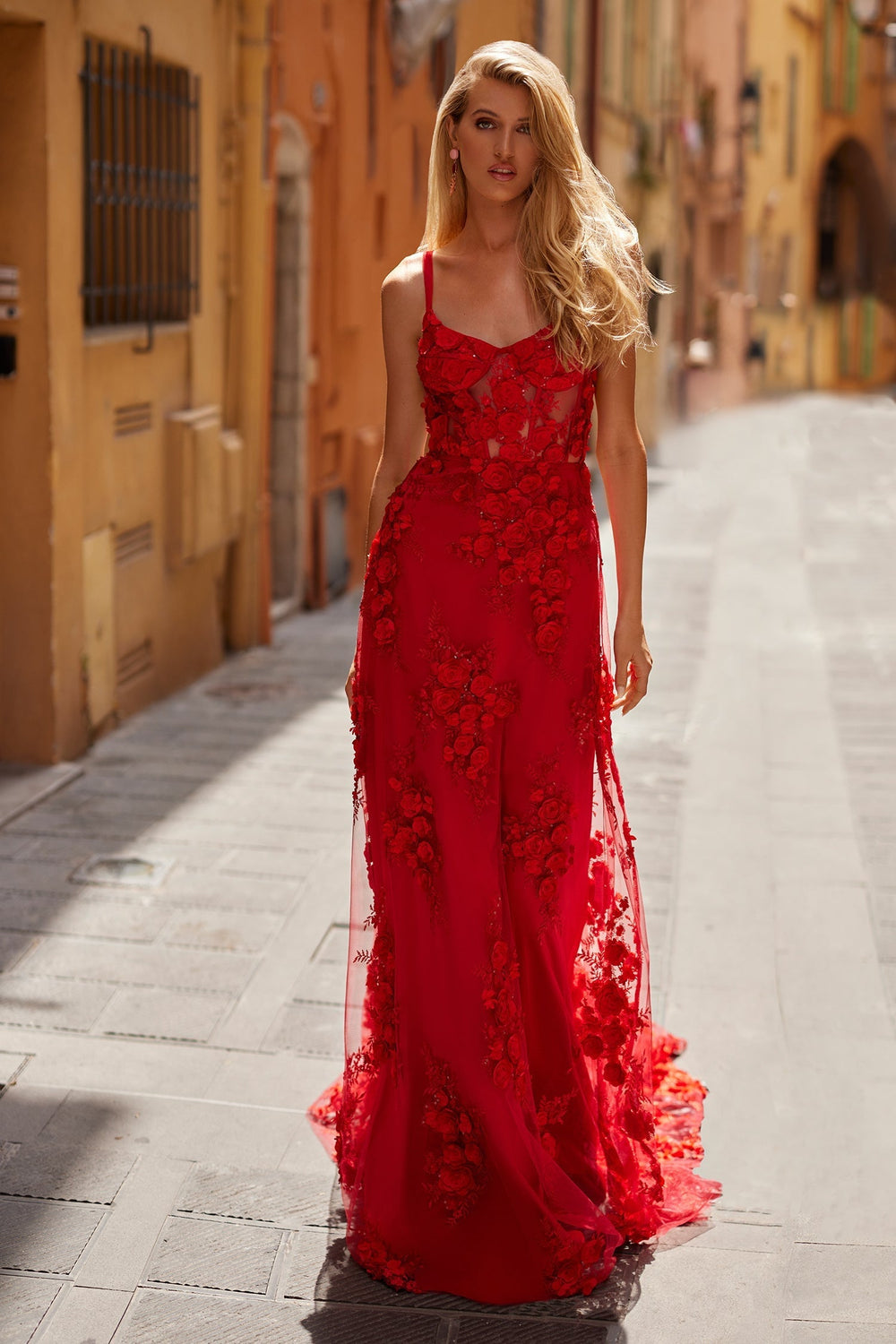 Magda - Red 3D Floral Gown with A-Line Silhouette
