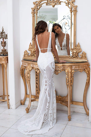 Elyse - White Patterned Sequins Gown with Plunge Neck & Open Back