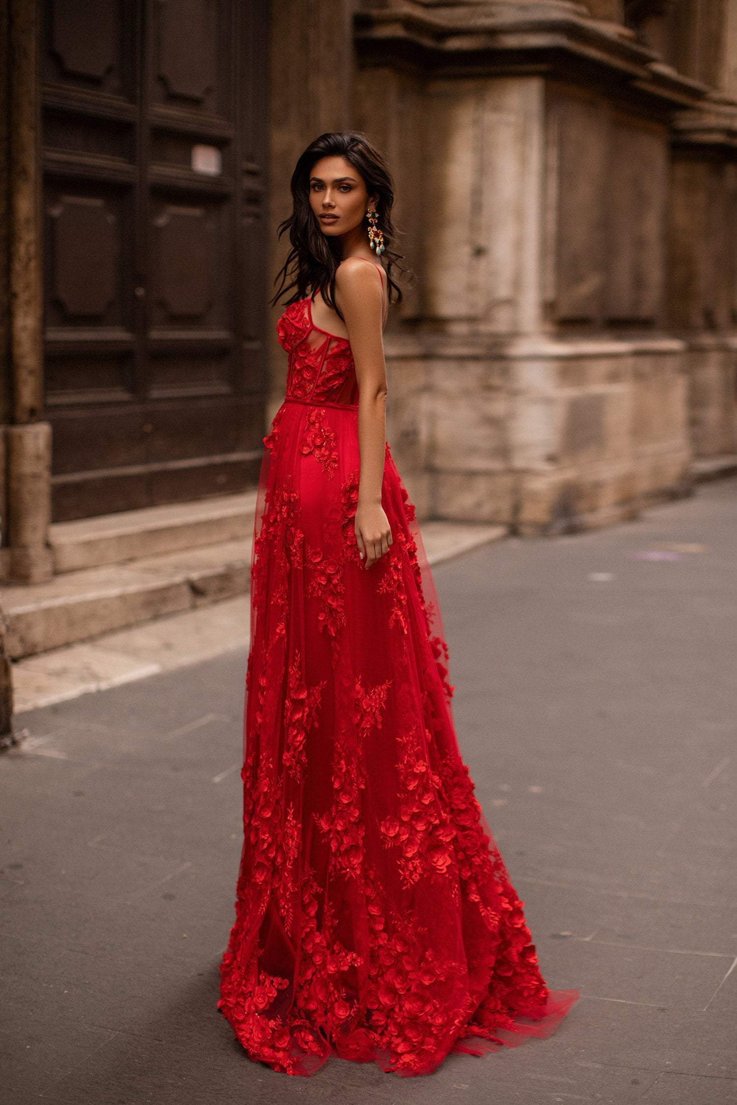 Red Prom Dresses VNeck Puffy Sleeves ALine Evening
