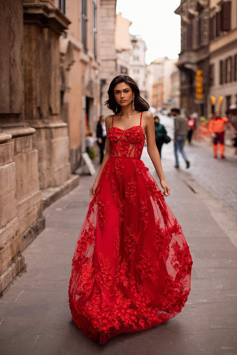 red dress with roses Luxury Pearl Evening 3D Flowers Cape SS585 DreamyVow White wedding dress with red 3D roses Lovely Black Floral Print Maxi