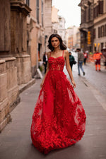 Clarina - Red Embellished A-Line Tulle Gown with Bustier 