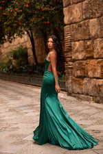 Felicita - Emerald Satin Gown with Low Back, Side Slit & Plunge Neck