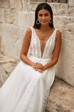 Gulya Gown - White Tulle Bridal Gown with Low V-Neck & Pearl Details