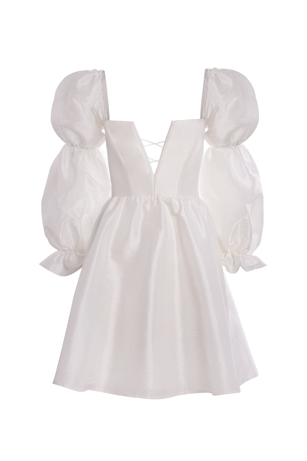 Faith - White Taffeta Mini Dress with Plunge Neck and Long Sleeves