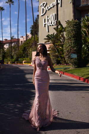 Kalinda Beaded Glitter Gown Rose Pink