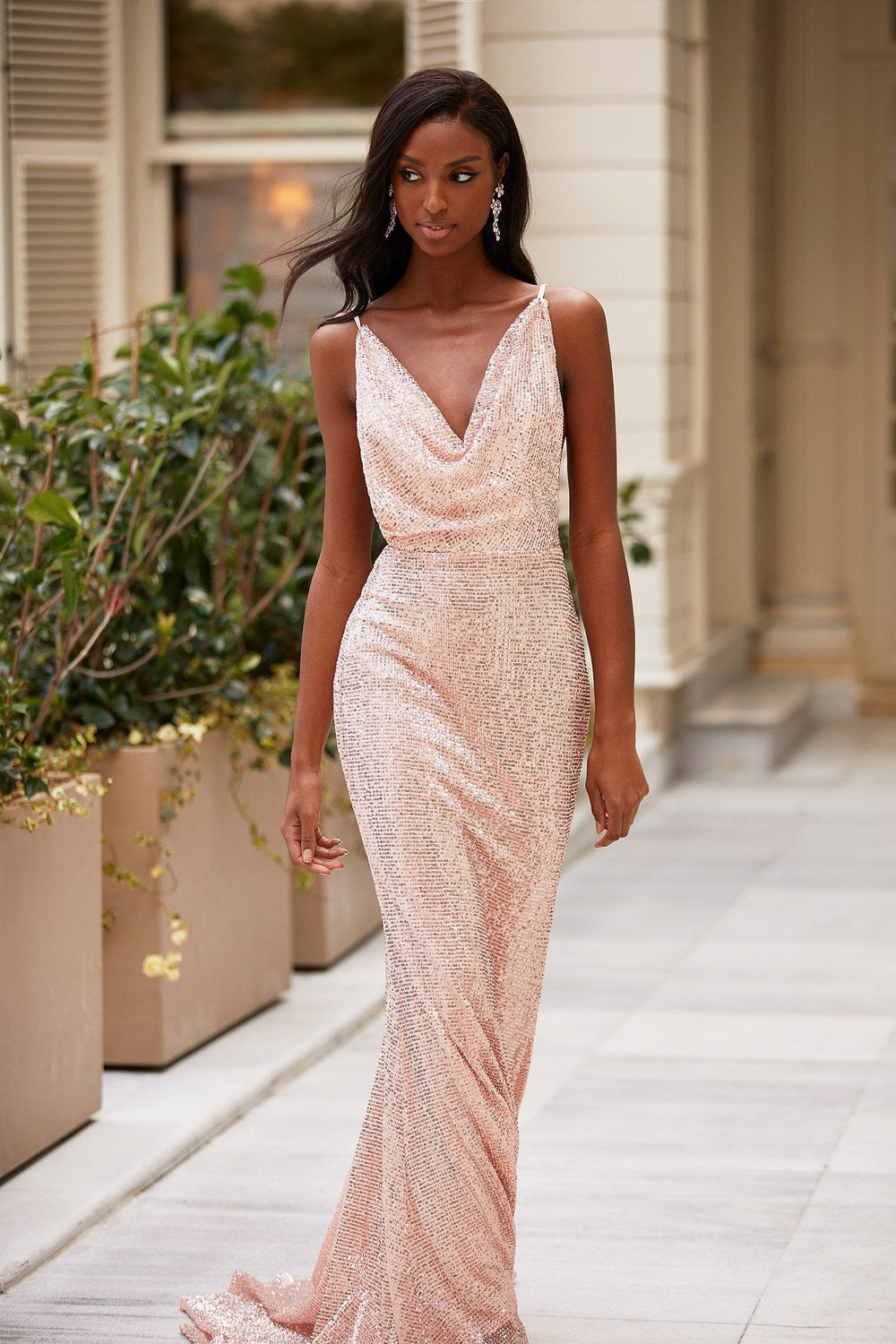 Rosalin - Rose Gold Sequin Backless Mermaid Gown with Cowl Neck
