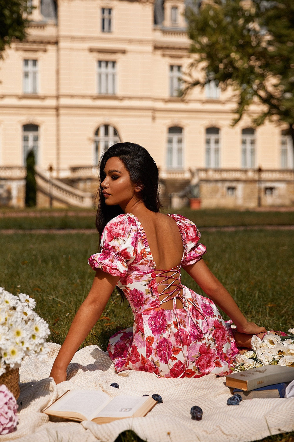 Manya - Pink Floral Dress with Bustier, Puffy Sleeves & Lace-Up Back