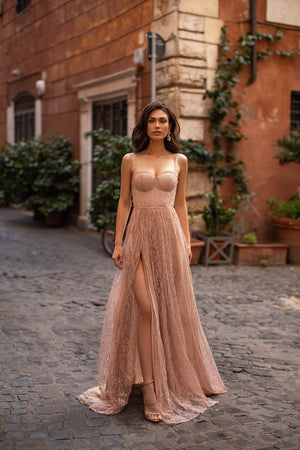 Lucie - Rose Gold A-Line Glitter Gown with Side Slit & Bustier