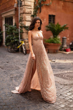 Lucie - Rose Gold A-Line Glitter Gown with Side Slit & Bustier
