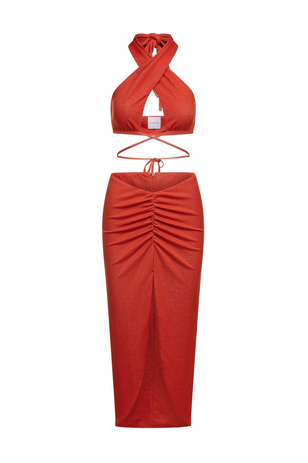 Madalena Set - Shimmering Orange Two Piece with Slit & Cut Out Bodice