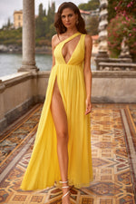 Marlene - Yellow Chiffon Gown with High Slit & Open Plunge Neckline