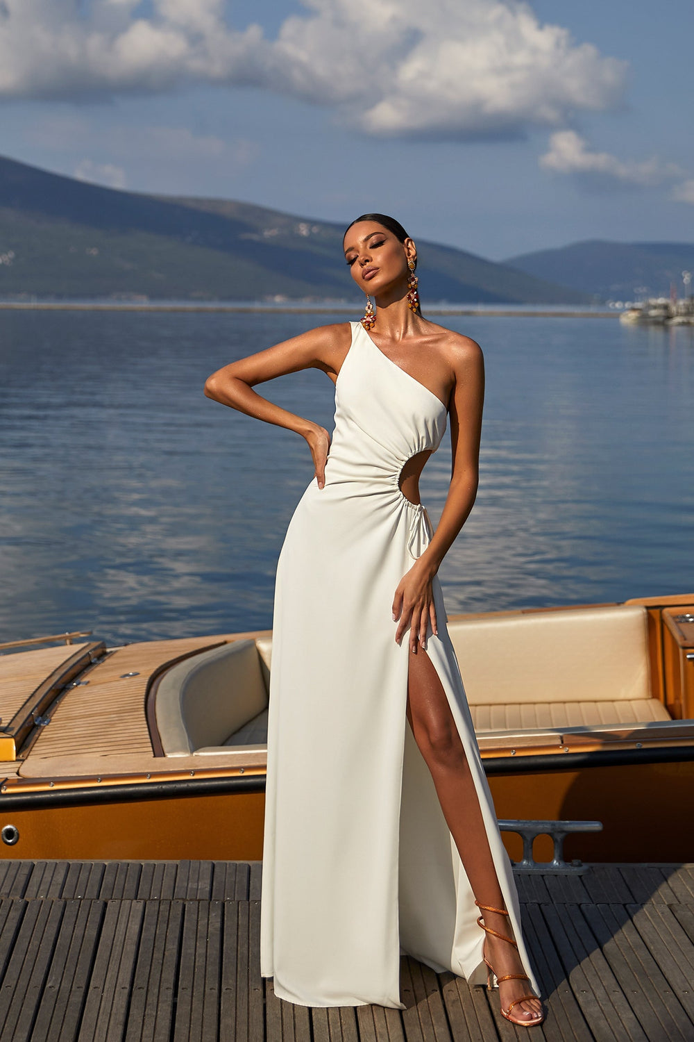 Rialda White Satin Maxi Dress with Waist Cut-Outs