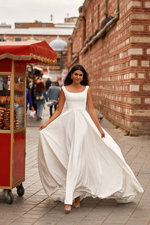 Elnara Gown - Matte Satin Bridal Gown with Square Neckline & High Back