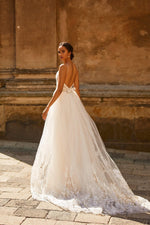 A&N Clair - White Boho Bridal A-line Backless Gown with V-Neckline