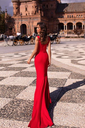 Fernanda - Red Scoop Neck Gown with Side Slit & Mermaid Train