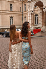 Lena Dress - Blue & Gold Midi Dress with Cut-Outs & Diamante Detailing 
