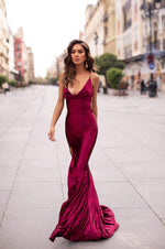 Desirae - Plum Cowl Neck Satin Gown with Side Slit & Lace-Up Back