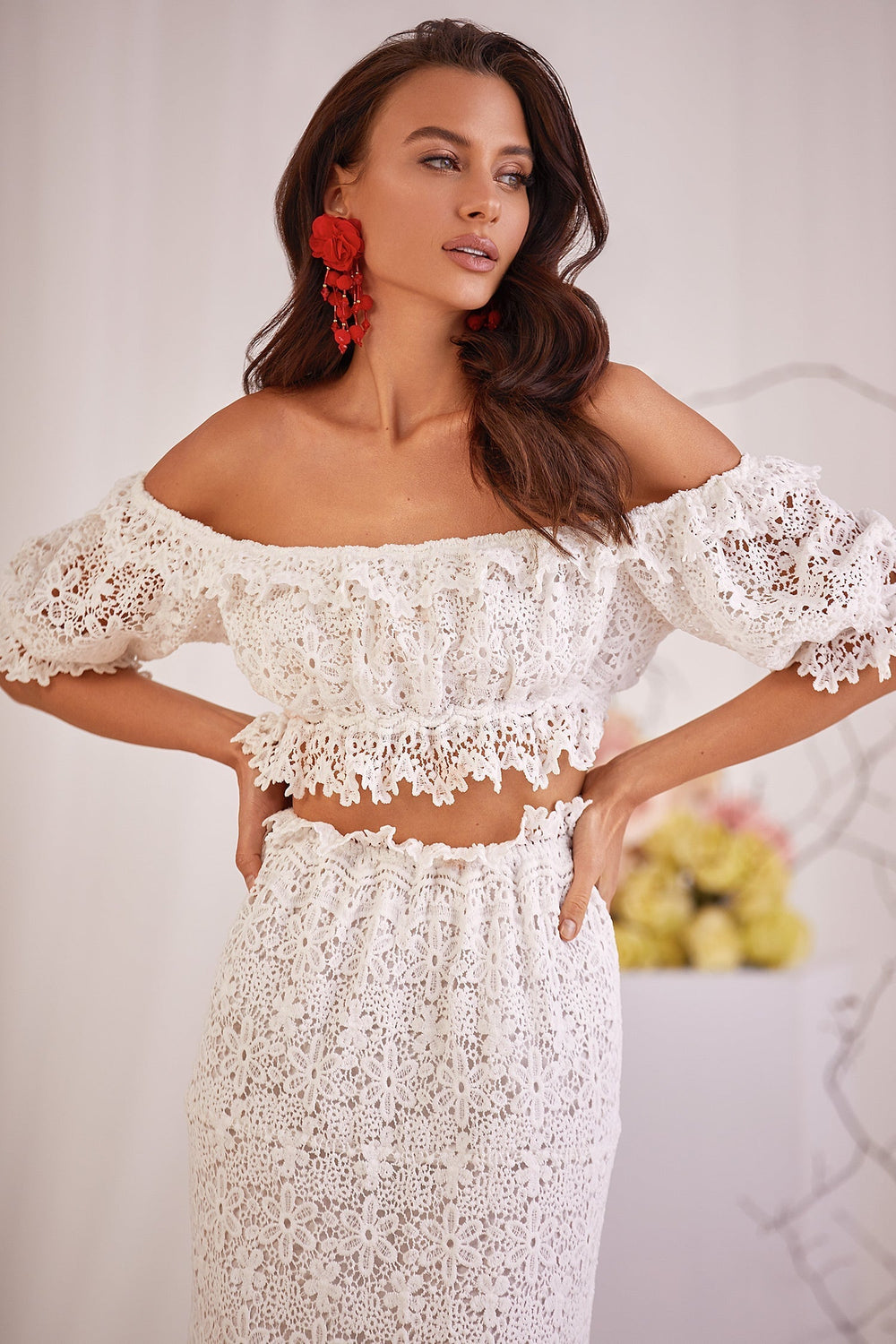 Mina White Lace Set with Off-Shoulder Sleeves
