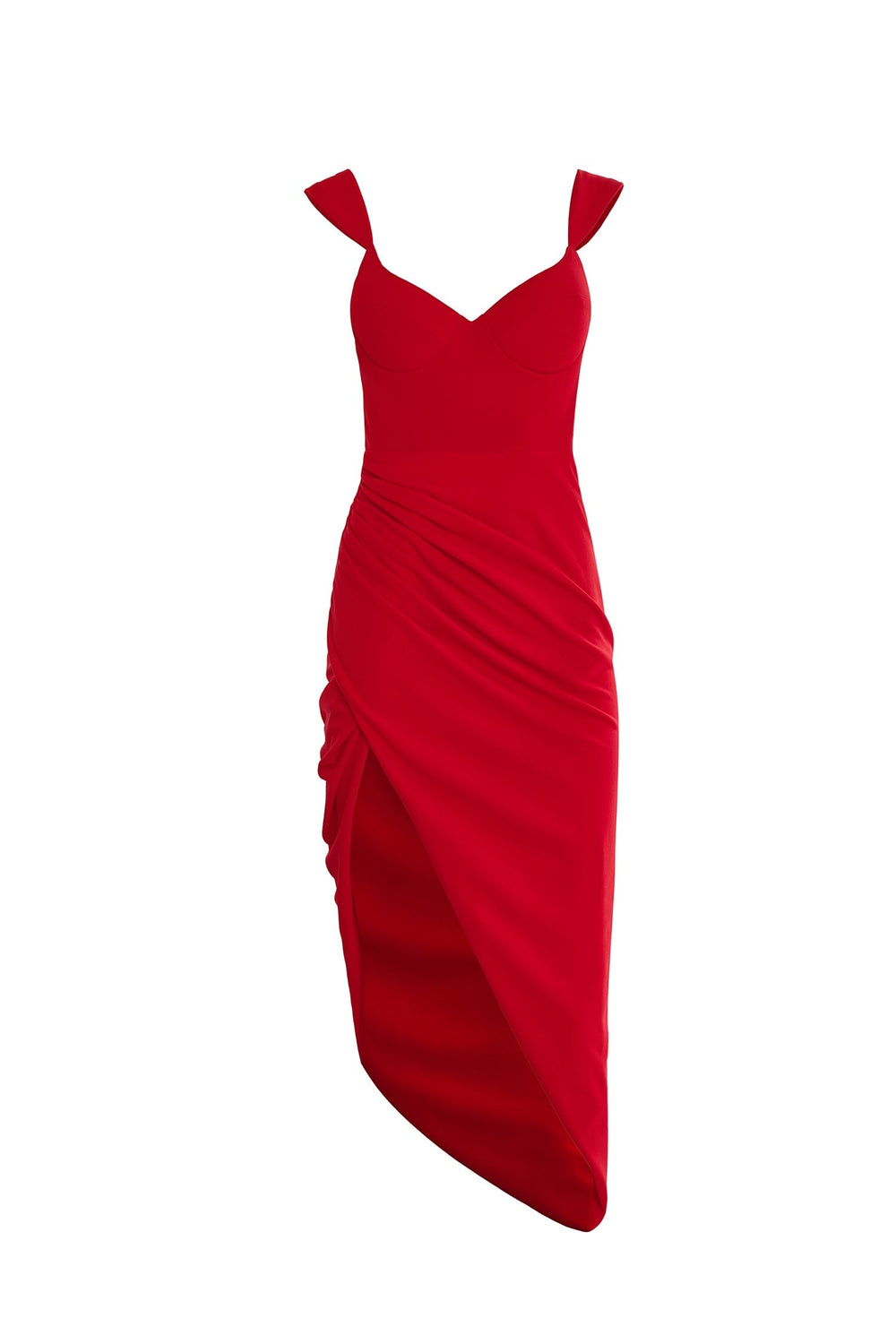 Hannah - Red Crepe Dress with Draped Waistline & Side Slit