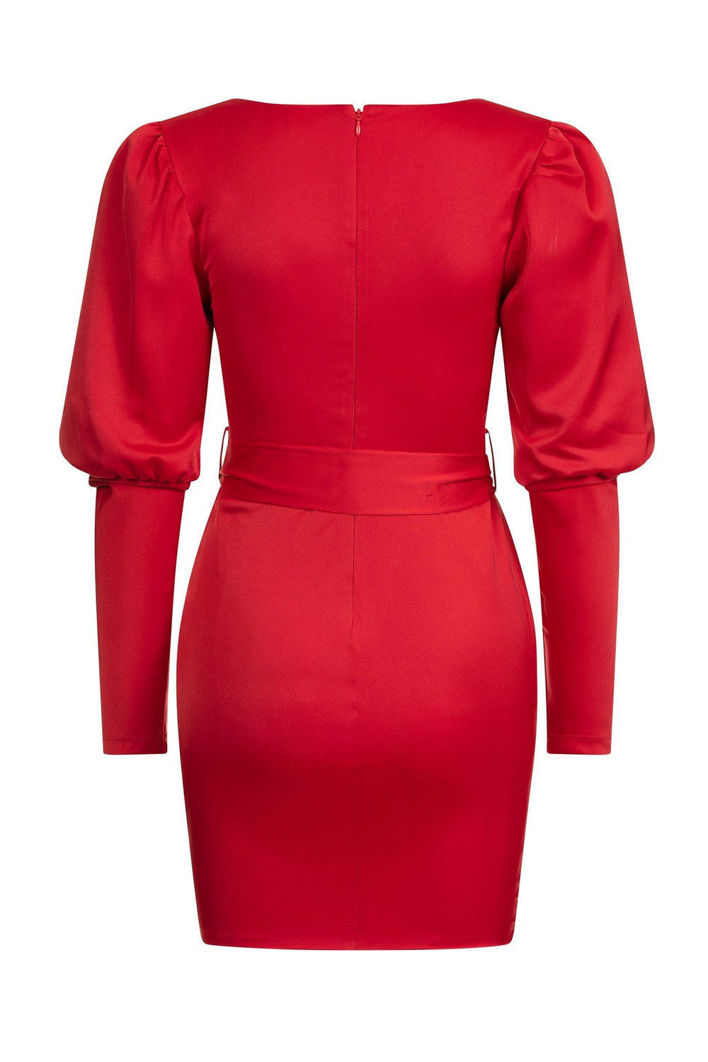 Marla Dress - Red Matte Satin Mini Dress with Long Sleeves & V-Neck