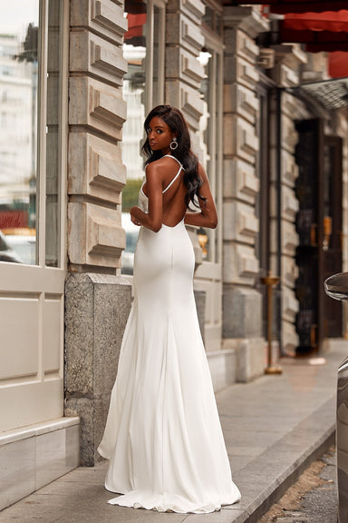 Deja - White Satin Fitted Mermaid Gown with Cowl Neck, & Side Slit