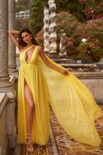 Marlene - Yellow Chiffon Gown with High Slit & Open Plunge Neckline