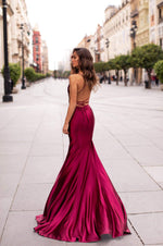 Desirae - Plum Cowl Neck Satin Gown with Side Slit & Lace-Up Back